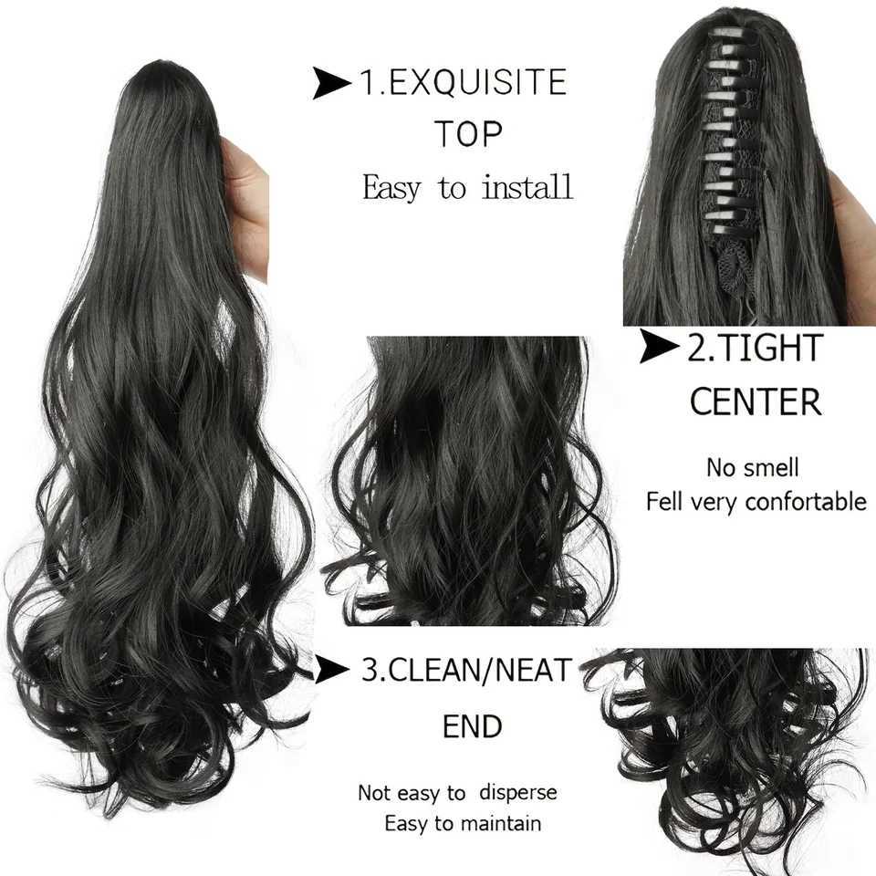 Ponytail extension claw clip Asian hair 22 wavy ponytail wig curled synthetic fake hair blonde piece for womens daily use W240817