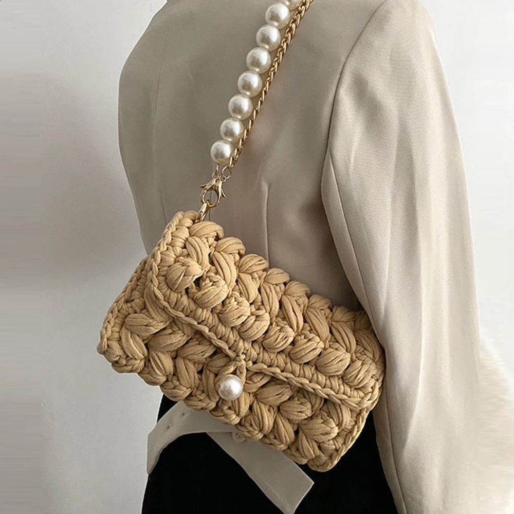 3 Handmade Rope Crochet Womens Shoulder er Knitting Crossbody Bags for Women Handbags Pearls Chains Sg Bag Tote 240819 4