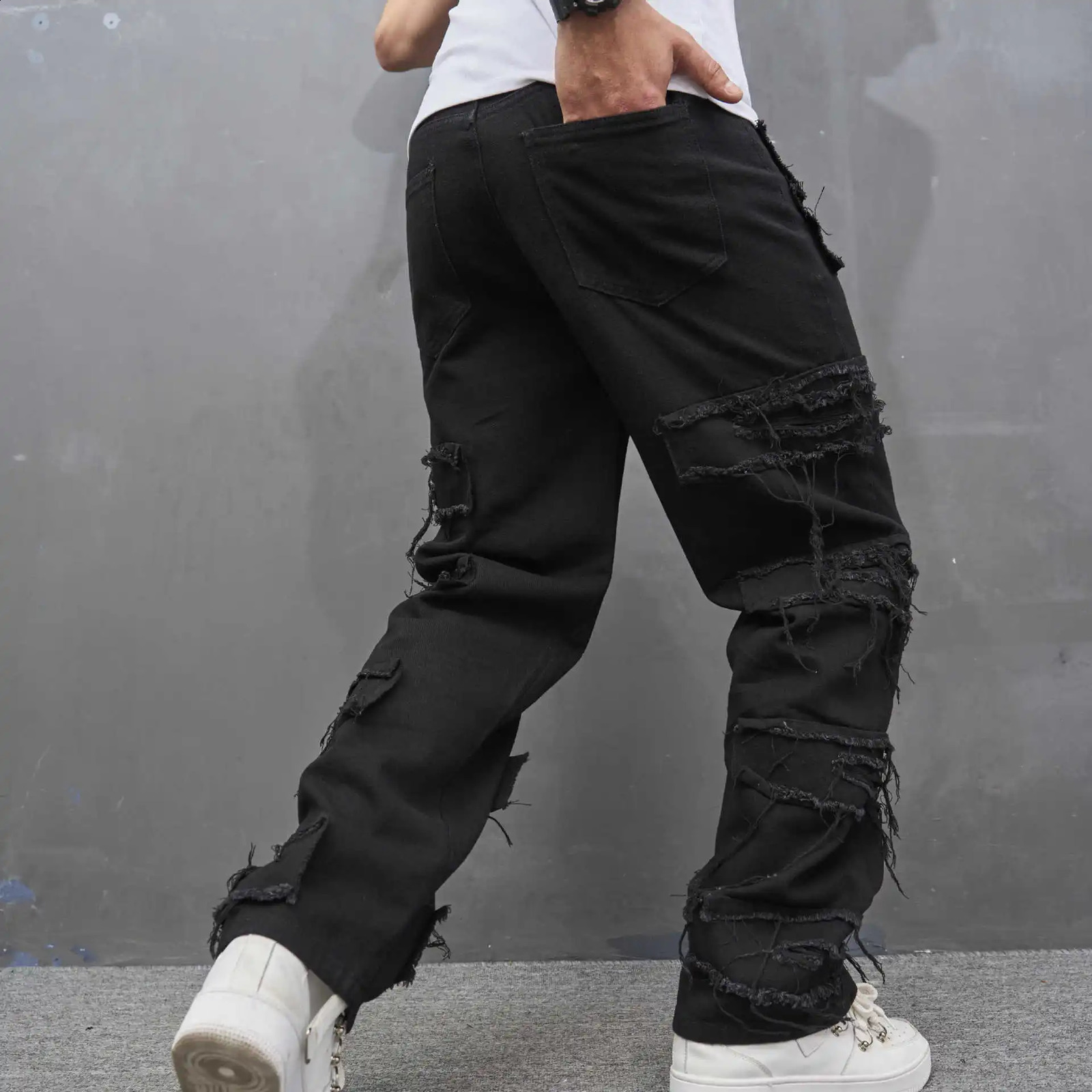 European And Emerican Black Men Jeans Slim Y2K Streetwear Wide Leg Straight Hip Hop Punk Style Stacked Trousers 240819