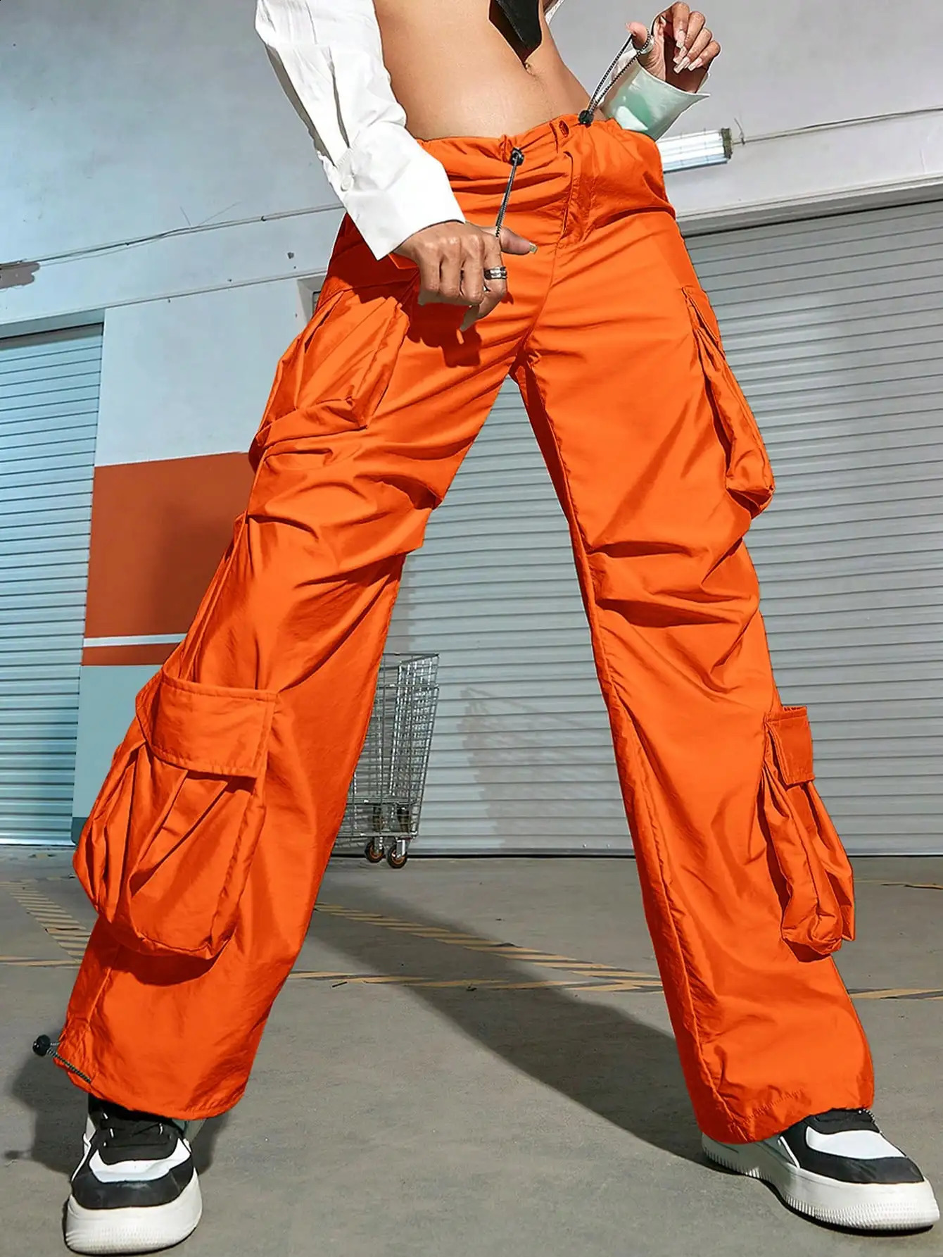 Elastic waistband tie pocket loose wide leg work pants 240819