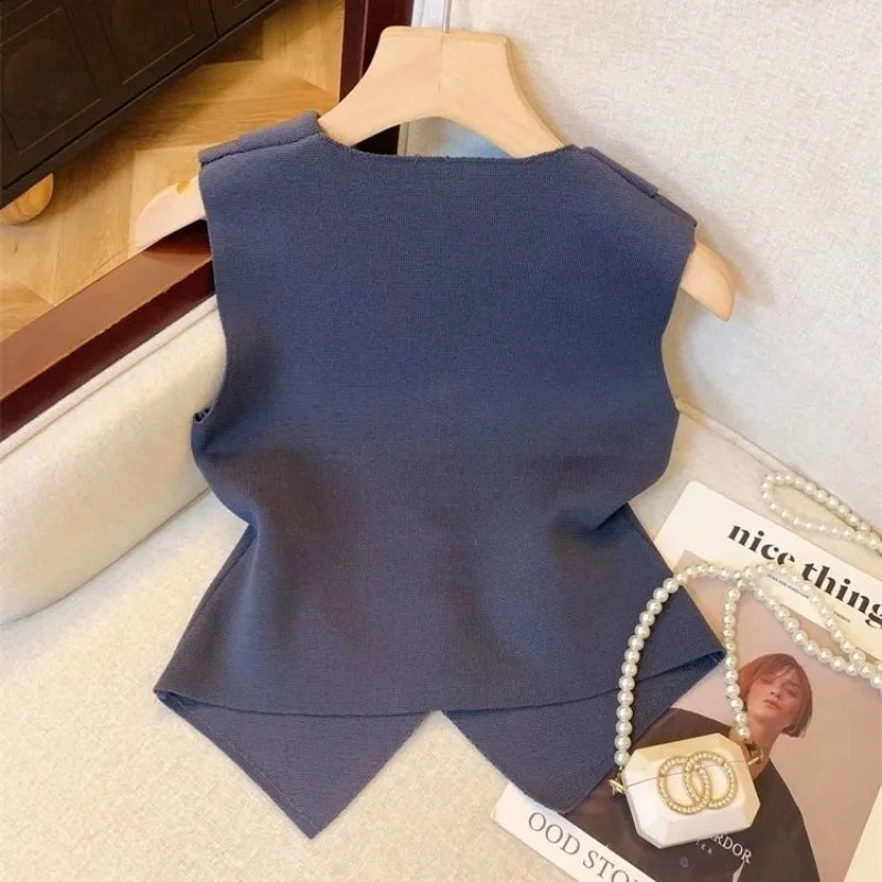 Vneck set womens summer silk knitted cardigan wool sweater French sleeveless slim fit top 240819