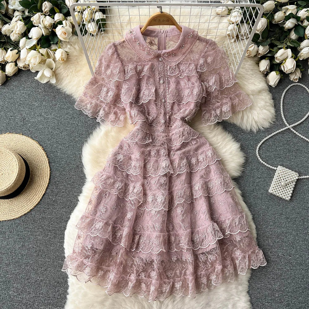 Summer Pink Lace Embroidery Mini Dress Female Short Sleeve High Waist Ruffles Elegant Runway Cascading Vestidos N6922 240819