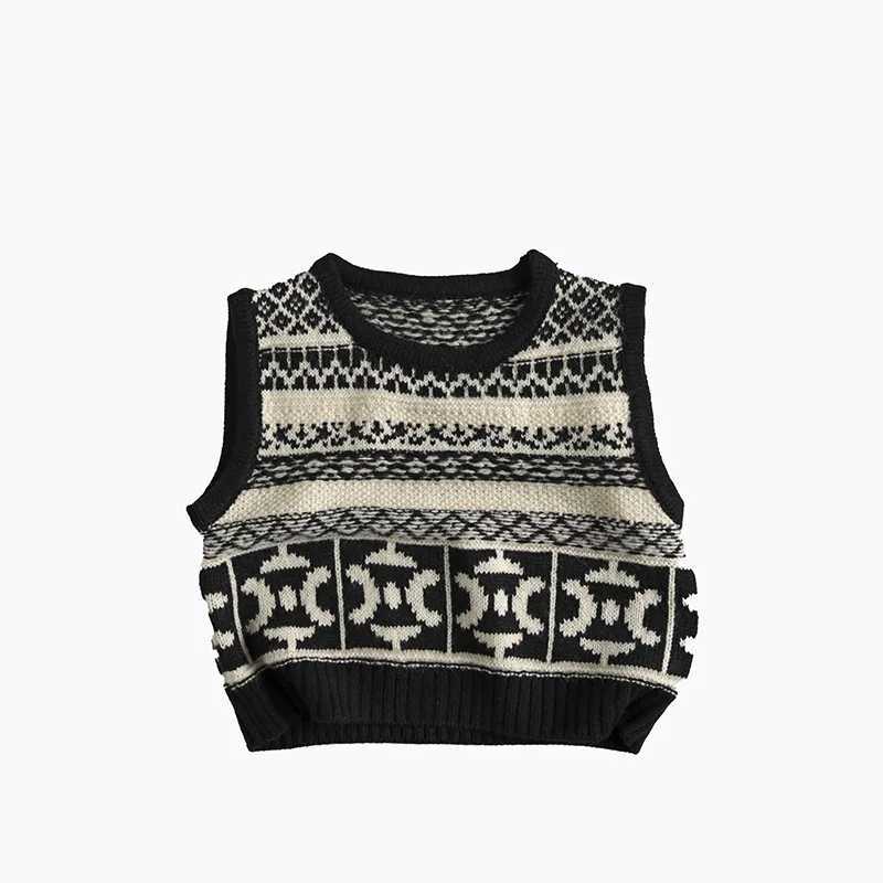 2024 Autumn New Children Sleeveless Knit Vest Fashion Print Boys Girls Casual Sweater Baby Knitted Windproof Vest Kids ClothesXJ240819