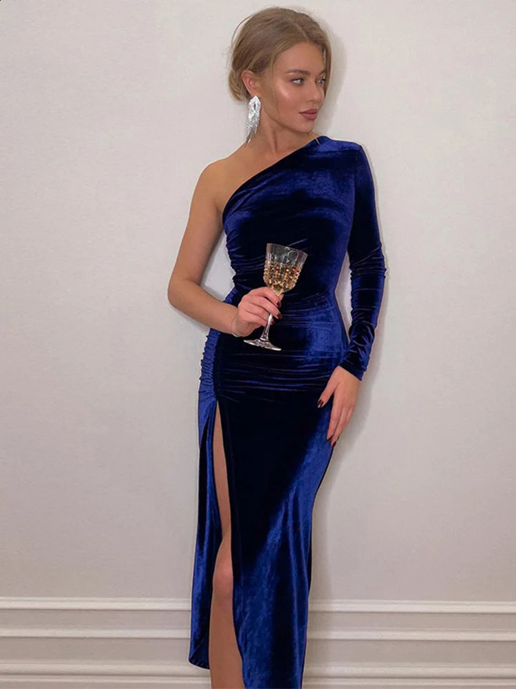 Women Elegant Long Sleeve Party Evening Velvet Bodycon Split Pencil Midi Dress Spring Autumn Clothes 240819
