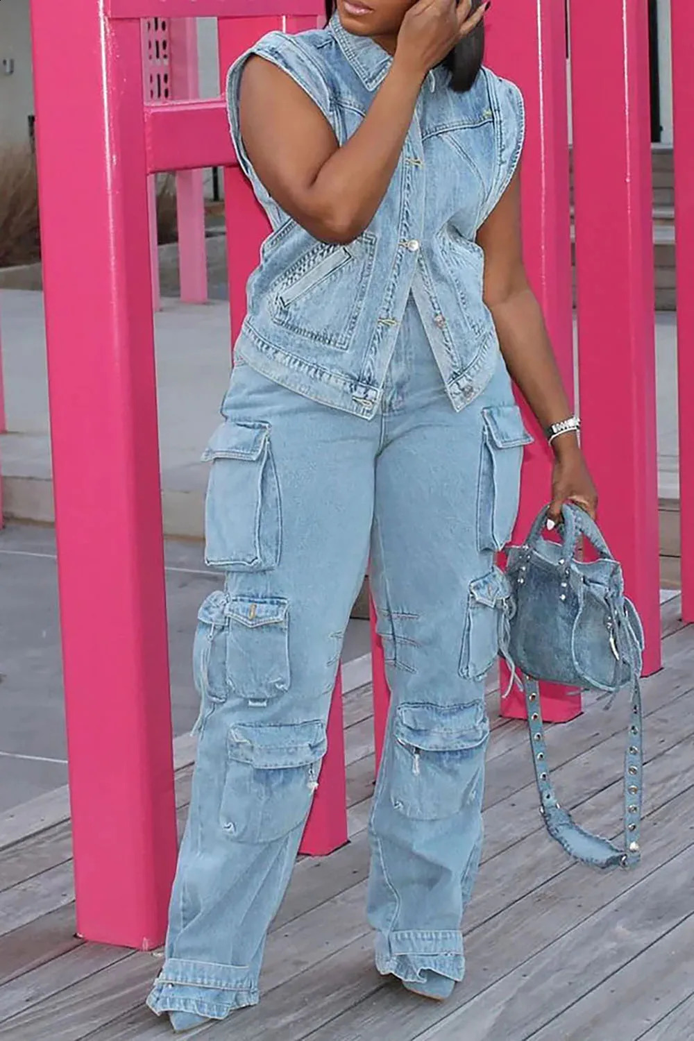 Women Jean Plus Size T shirt Laple Collar Sleeveless High Street Pockets Single Button Spring Cargo Cap Sleeve Vintage Denim Top 240819