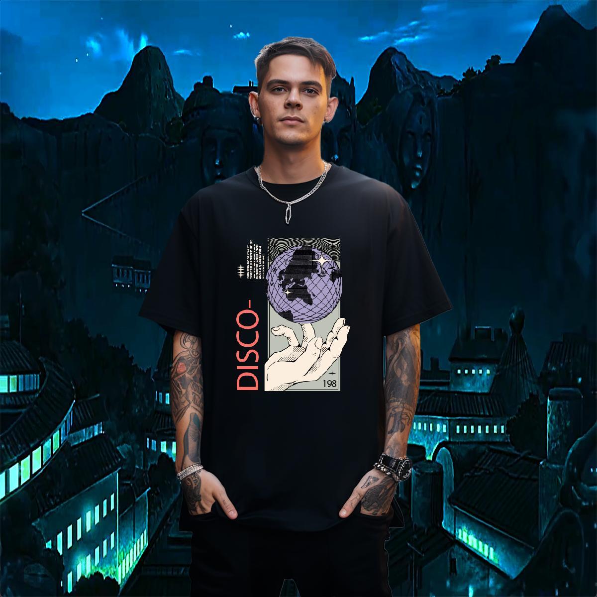 Cool disco 230g Pure Cotton Mens Tshirts Daily Outfit Breathable Crew Neck T-Shirts New Arrival Cartoon Printing L-4XL Tops Shirt