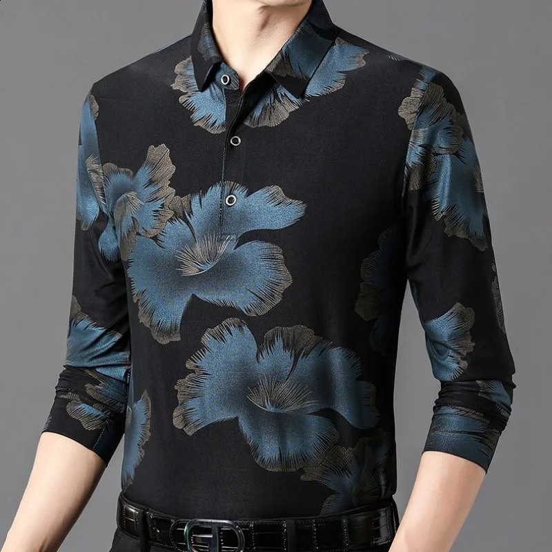 Autumn Mens Long Sleeve Turn-down Collar Button Fashion Business Loose Large Solid Color Printed Pullover Polo Shirts Tops 240820