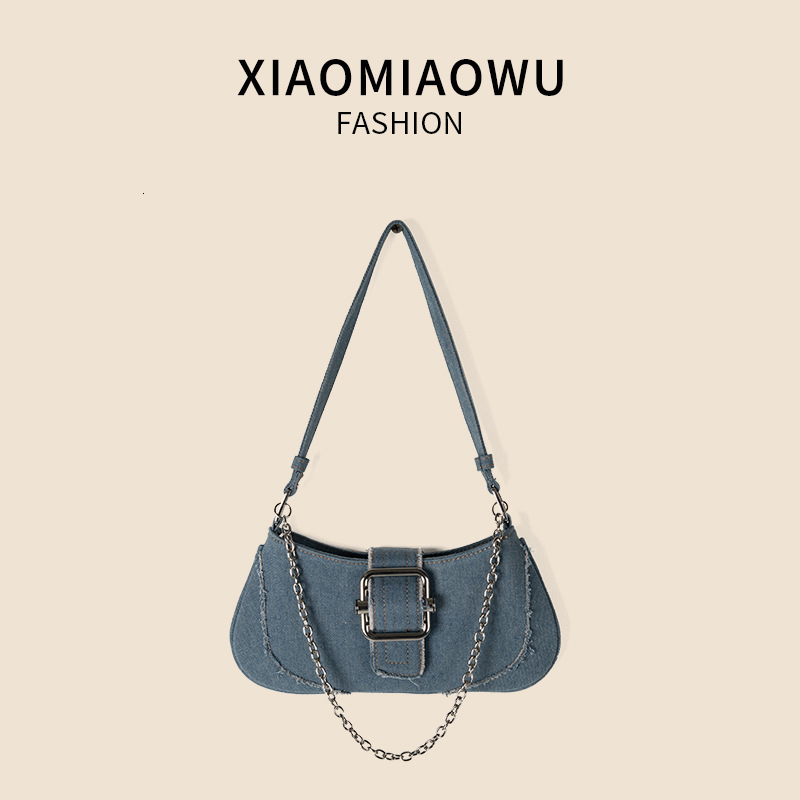 New trendy chain denim shoulder girls, high-end and niche style, underarm bag summer, versatile for women