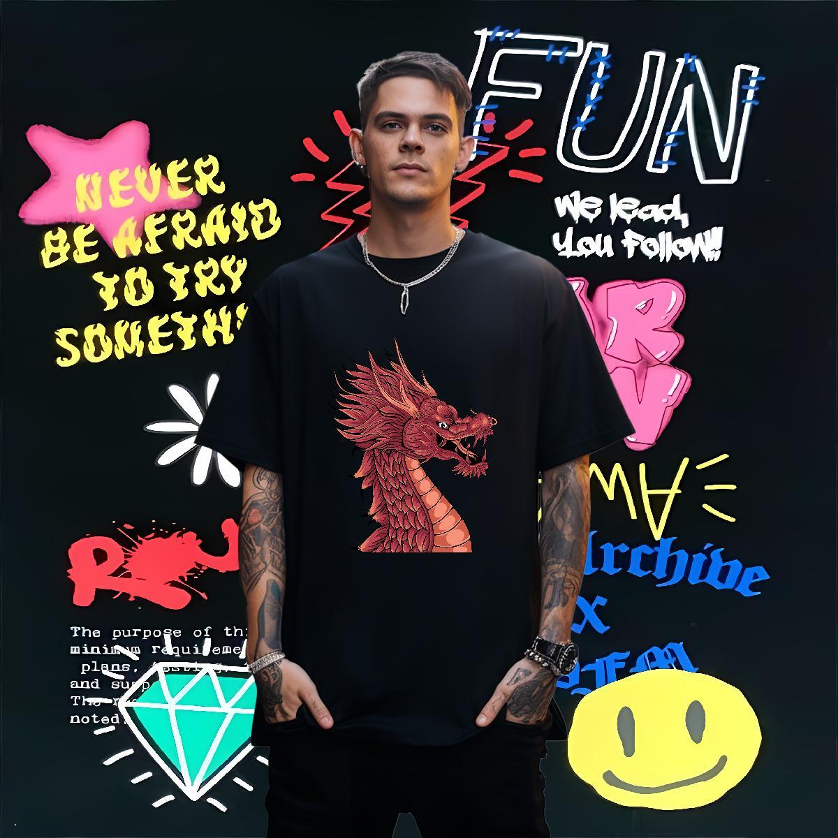 Mens T Shirts 230g 100% Cotton dragon head High Street Hip Hop Breathable Short Sleeve Custom Print Oversized Men Clothes T-Shirt Stylist TOP Quality 