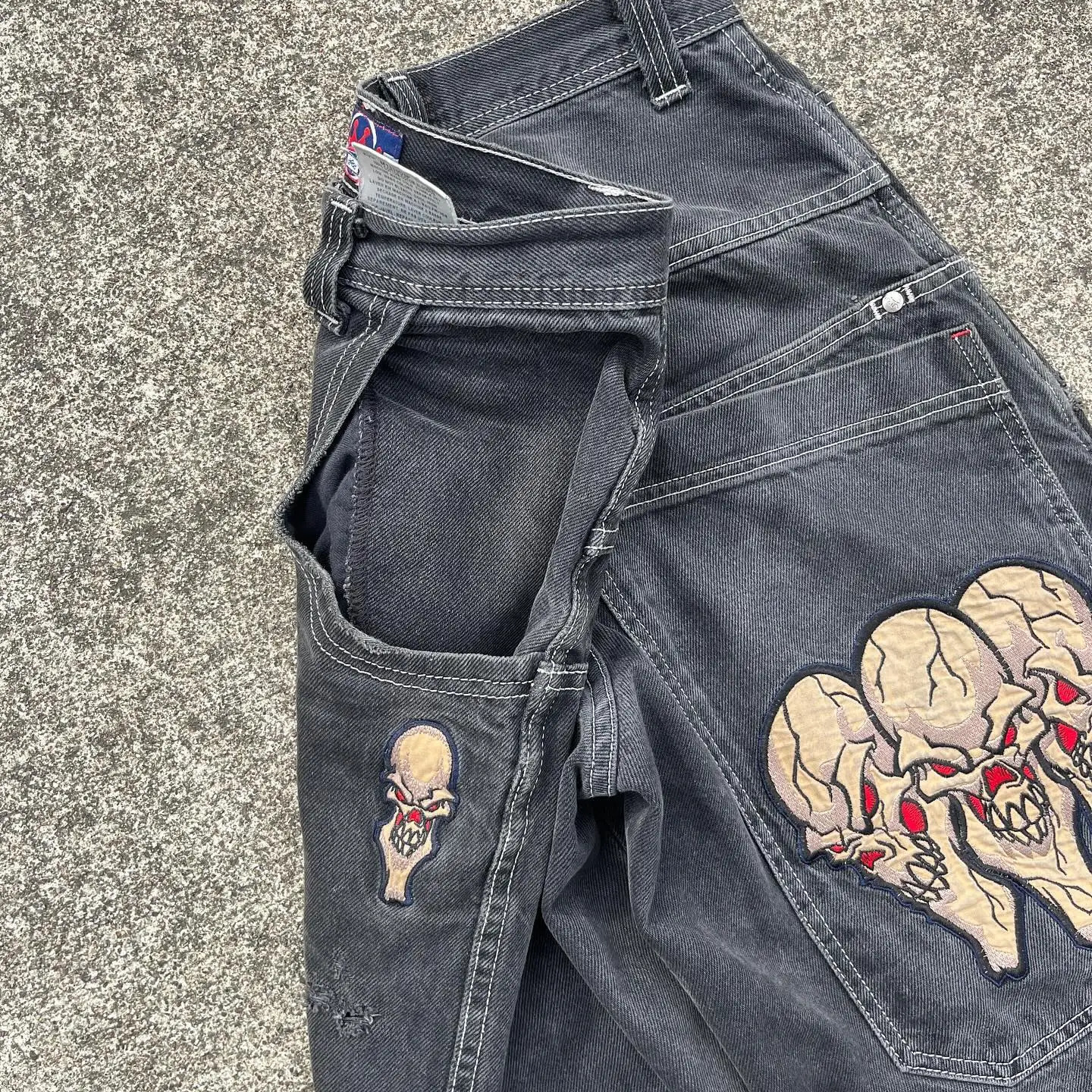 JNCO Skull Embroidery Denim Pants Vintage Graphic Print Baggy Jeans High Waist Pant For Men Wide Leg Trouser Y2k Streetwear 240819