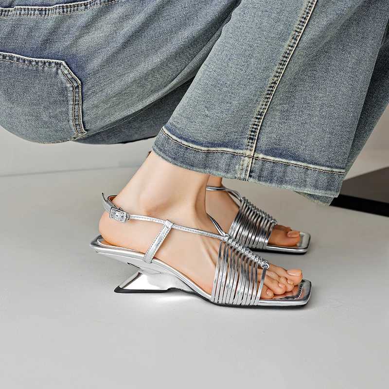 New Summer Women Sandals Square Toe Strange Heel Shoes Split Leather Shoes for Women Narrow Band Handmade Shoes Modern Sandals CL240806