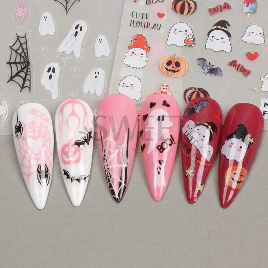 Halloween 3D Heart Web Nail Sticker Cute Holiday Cartoon Design Spider Pumpkin Ghost Sliders for Nails Manicure Decor SANO53XJ240815