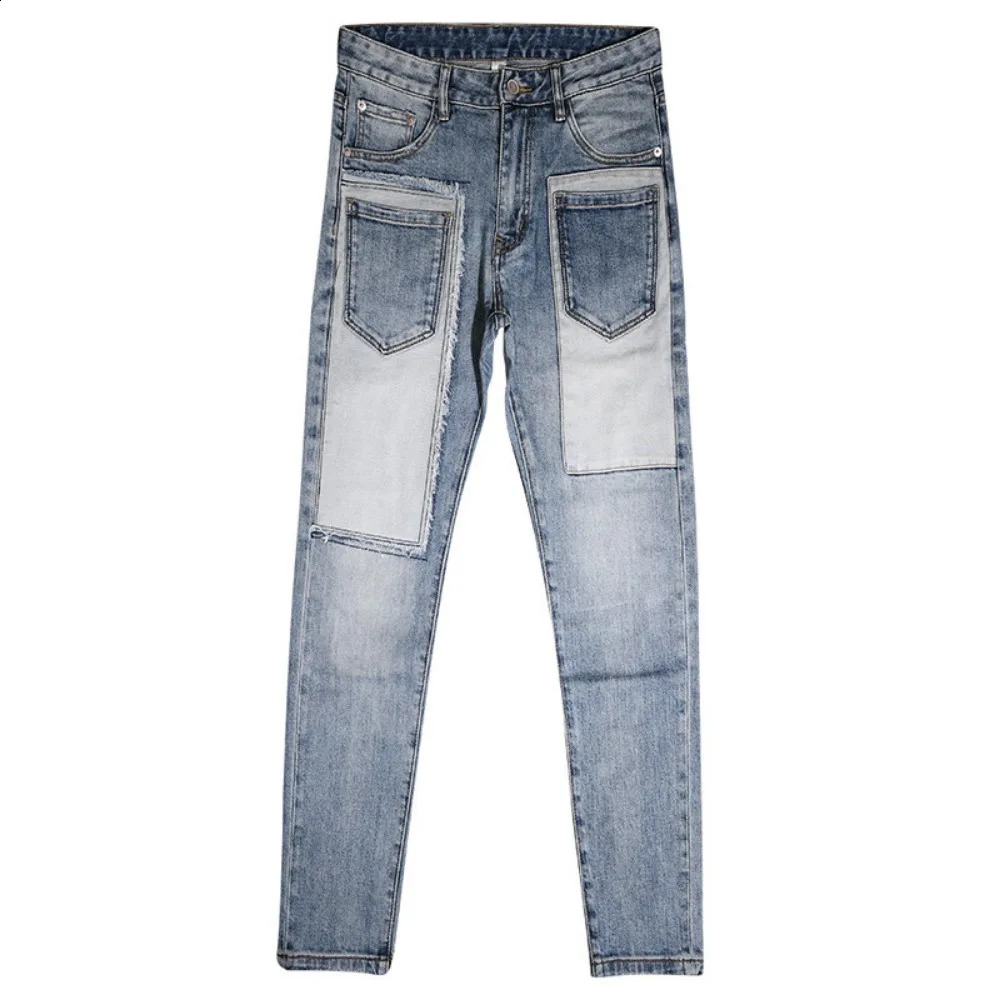 Autumn Winter Mens Retro Spliced Jeans Fashion Personalized Elastic Casual Pants y2k Clothes Pants Men Baggy Jeans 240819
