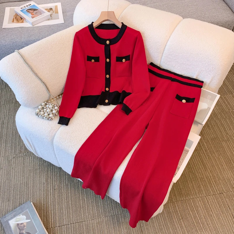 M-4XL Autumn Winter Sweater Trousers Suit Women O Neck Single Breasted Knitted Loose Cardigan Wide-Leg Pants Two Piece Set 240819