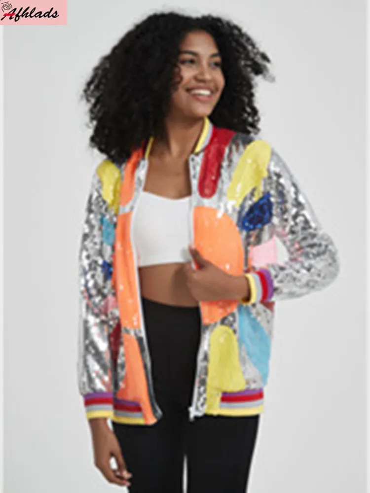 Sequins Coats For Women, Color Patchwork Streetwear Jackets