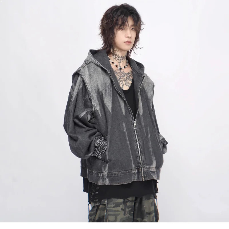 Y2K High Street Hooded Denim Jacket Mens Spring Tie Dye Gradient Retro Cowboy Hoodie Zipper Loose Unisex Bomber Coats 240819
