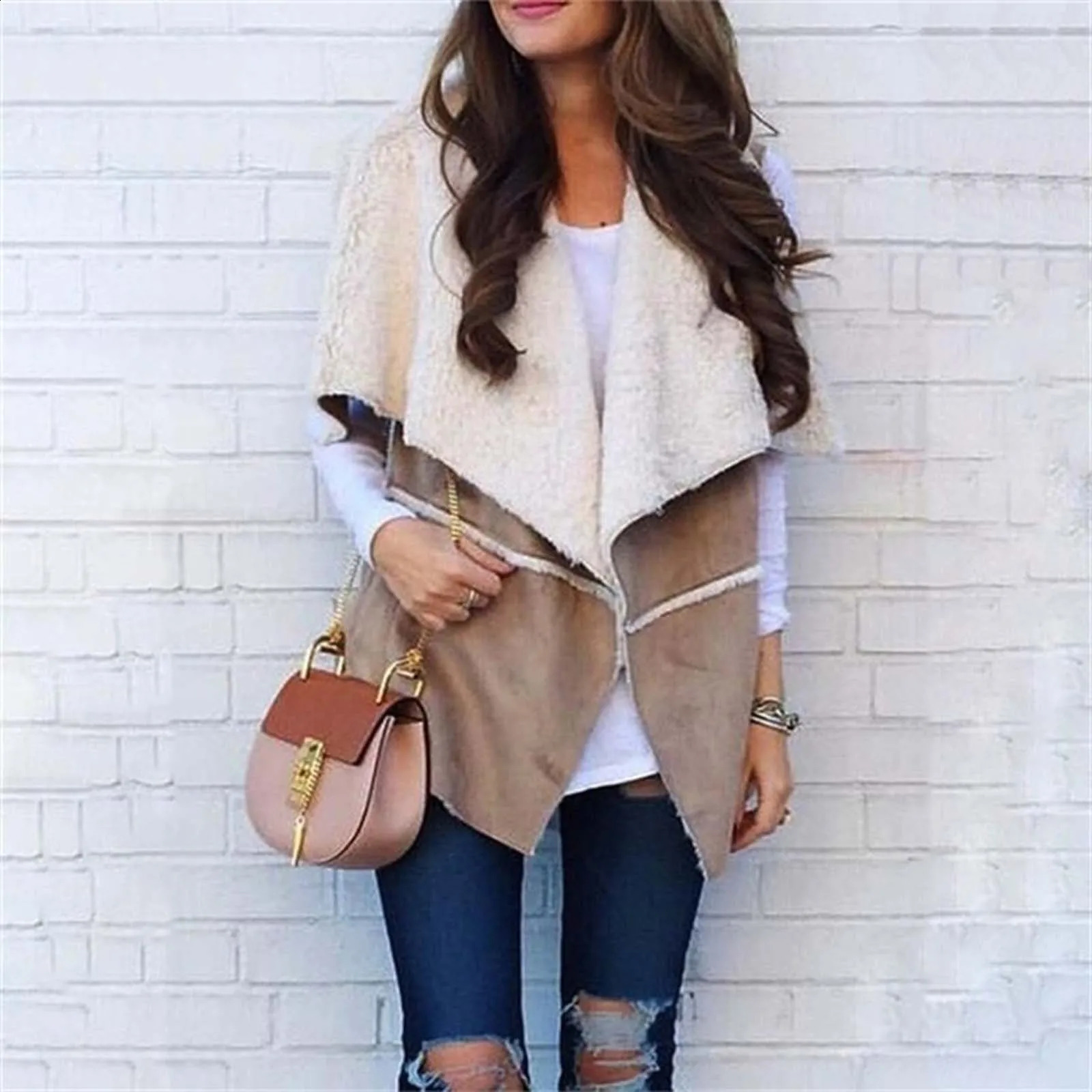 Winter velvet wool womens vest fashionable casual lapel sleeveless jacket slit coat 240819