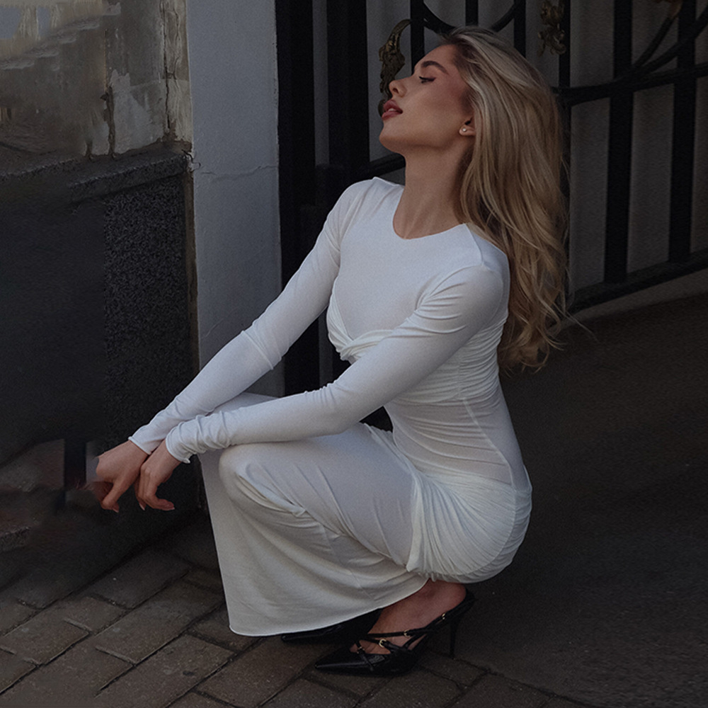 Casual Dresses Elegant White Knit Dress Midi Dresses for Women Autumn Off Shoulder Long Sleeve Pleated Slim Party Female Clothing