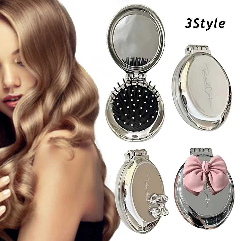 Foldable Hair Brush Mirror Air Cushion Comb Hairbrush With Mirror Pocket Size Scalp Massage Hair Comb Mini Bow Round espejo Y240819