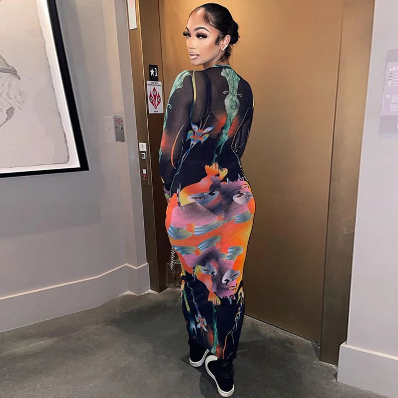 Print Long Sleeves Graphic Patchwork Sexy Slim Maxi Prom Dress Fall Women Casual Streetwear Party Y2K Clothes 240819