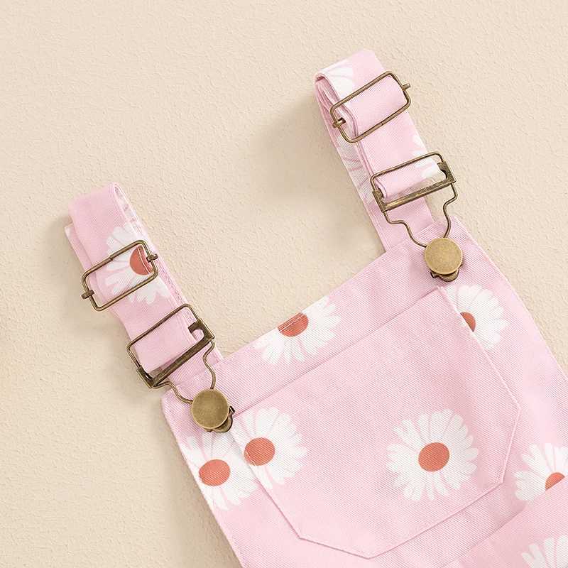 Children toddlers girls summer short sleeved print sleeveless buttons adjustable shoulder straps jumpsuit with pockets W240806