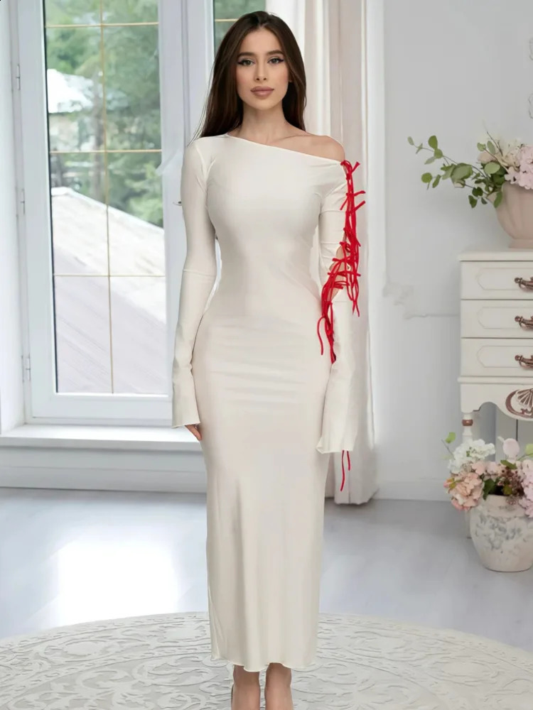 JULISSA MO Elegant Bandage Hollow Out Long Sleeve Bodycon Maxi Dress For Woemn Autumn Blue Sexy Outfits Party Clubwear 240819