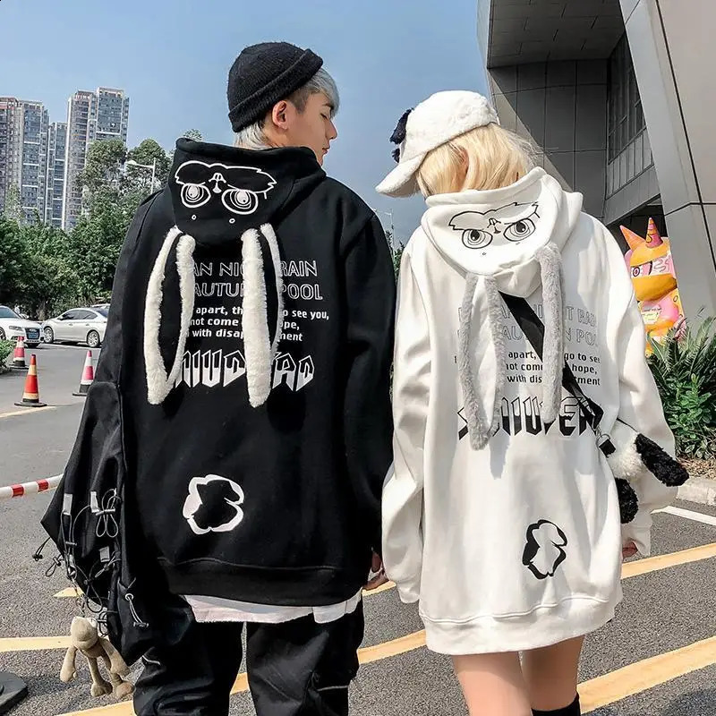 Couples sweatshirt mens wool Sudaderas Y2k long sleeved oversized zipper rabbit ear mask top womens Kawaii hip-hop street 240820