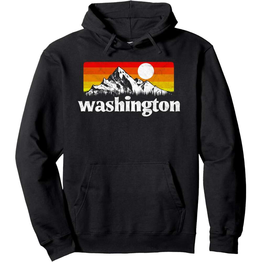 Hoodie for Mens Womens Vintage State of Washington Retro Mountains Sun Hoodie Hoodies sweatshirt pullover jacket Long sleeve