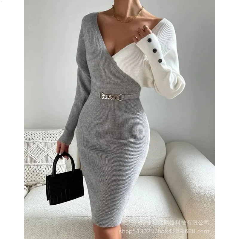 Sweater Dresses High Waist Button Decor Trend Sheath Sexy Dress Women Long Sleeve V-neck Mid-Length Long Sleeve Knit Midi Dress 240819