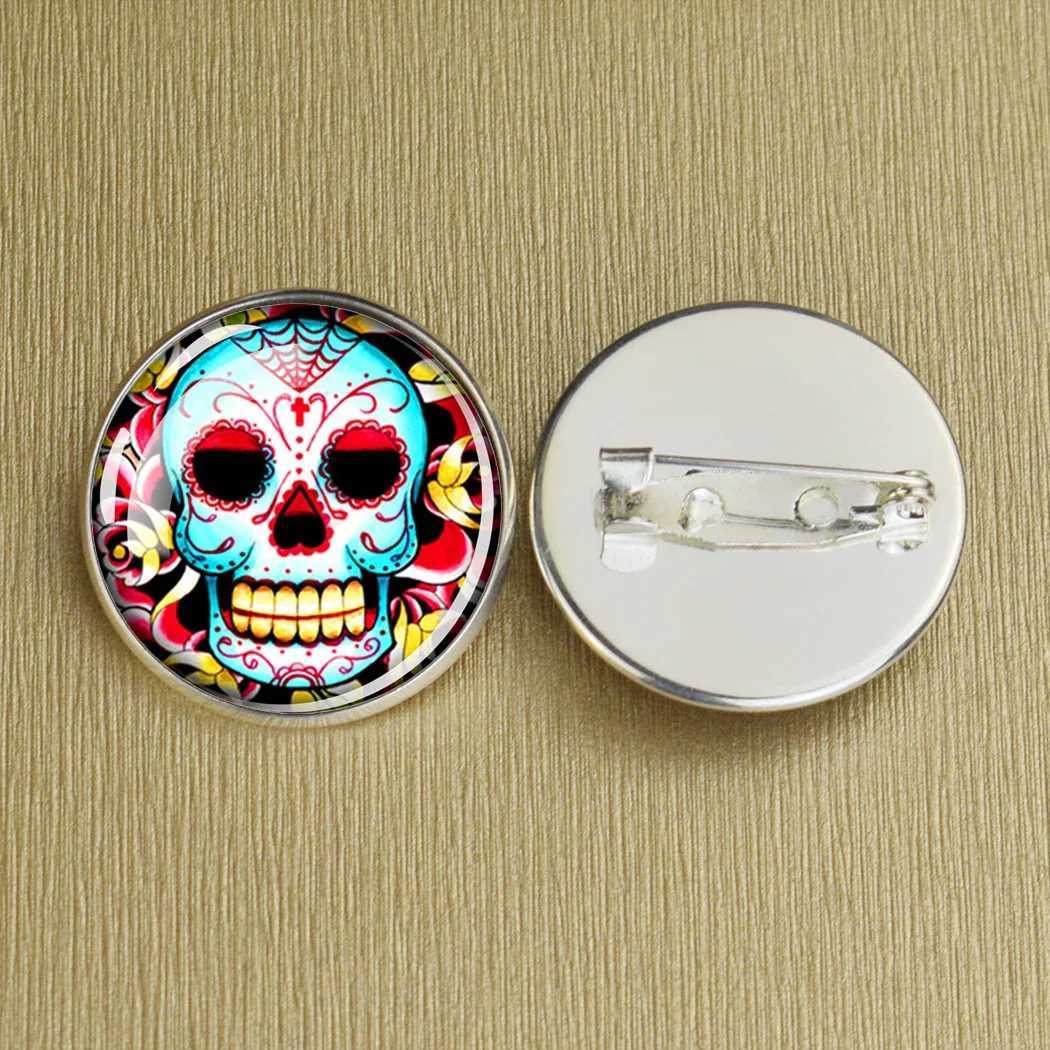 Fashion skull badge human skull glass Canbochon gemstone round silver/brown brooch backpack clothing brooch Halloween gift W240815