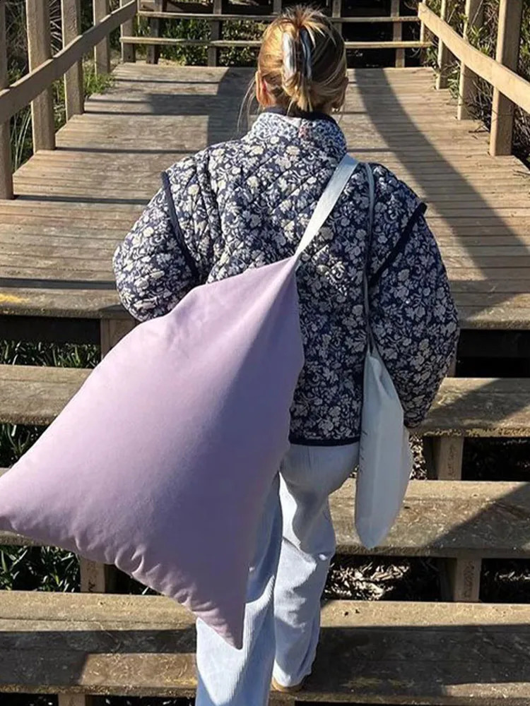 Vintage Long Sleeves Jacket For Women Autumn Cotton Loose Open Warm Printed Geometry Elegant Chic Detachable High Streetwear 240819