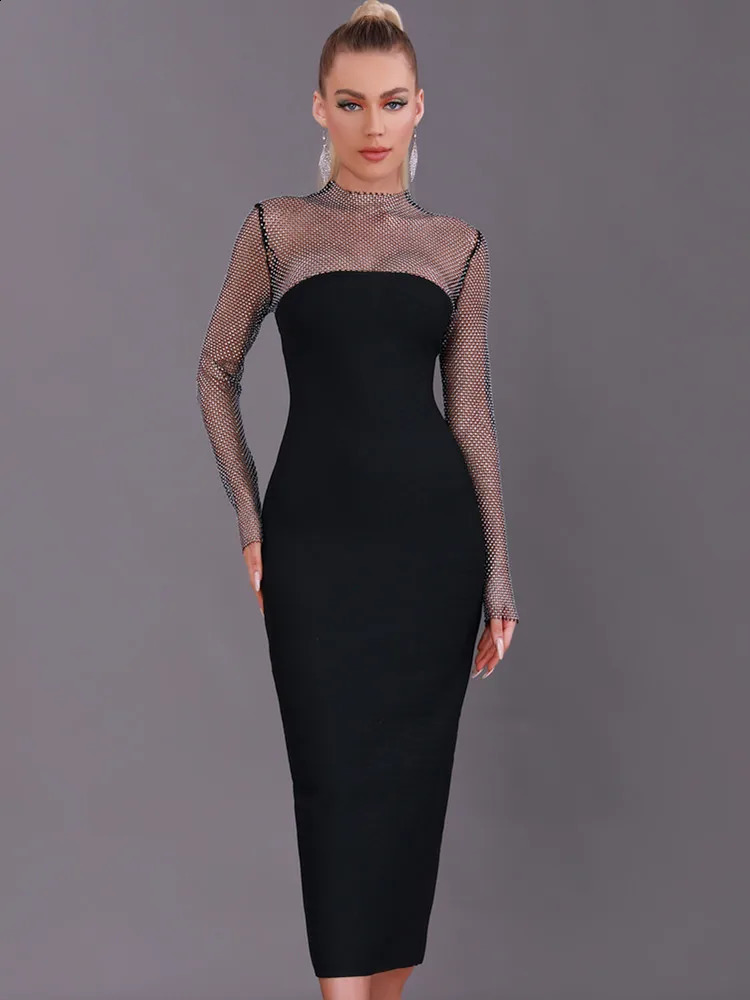 Women Winter Sexy Long Sleeve Diamonds Sparkly Black Midi Bodycon Bandage Dress Elegant Evening Celebrity Party Club Dress 240819