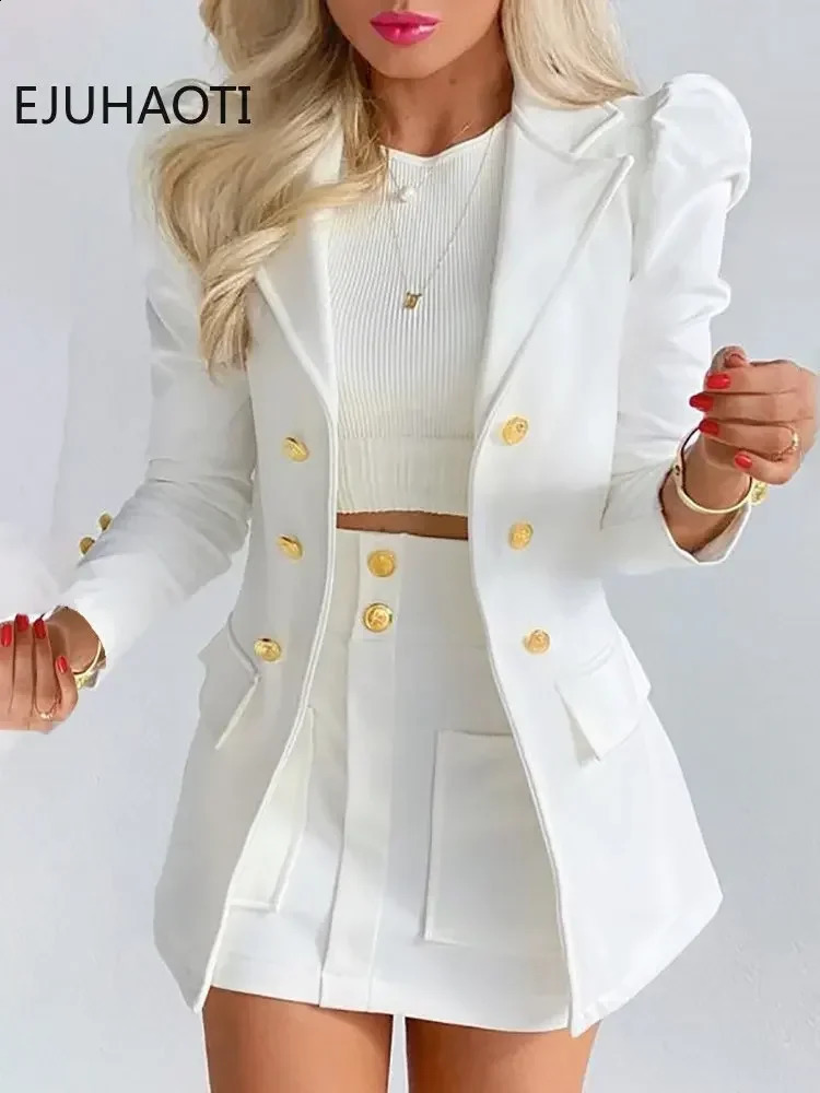 Womens Summer Long Sleeve Solid Color Jacket with Mini Skirt Two-piece Suit Tailleur Femme Blazer and Dress Sets 240820
