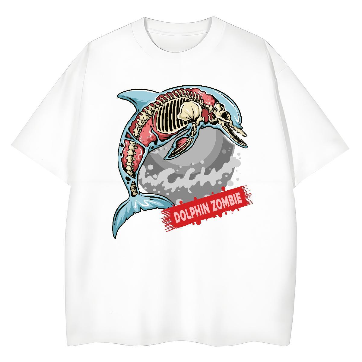 DIY Men Clothes T-Shirt dolphin Spring Summer 230g Cotton Tops Shirt Breathable Crew Neck Loose T Shirt For Man Black Oversized