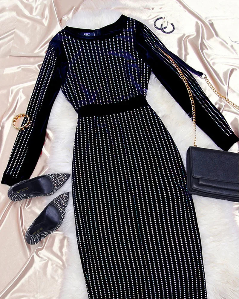 Sequin Round Neck Women Dress Striped Solid Splice Party Tight High Waist Casual Sexy Hip Wrap Long Sheath Dresses 240819