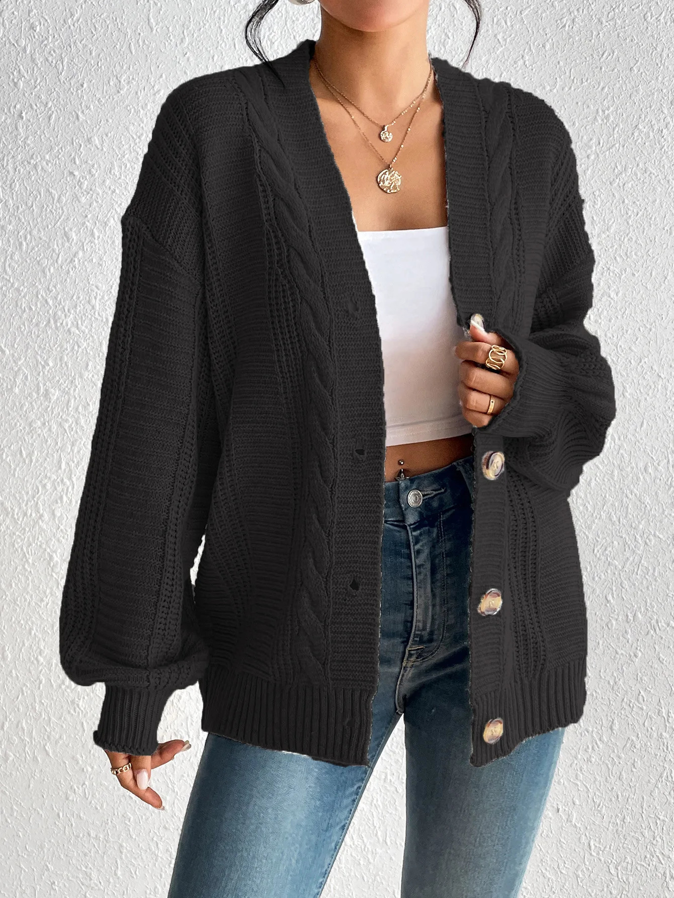 Vneck knitted cardigan womens autumn and winter thick American loose casual long sleeved solid color sweater jacket in 6 colors 240819
