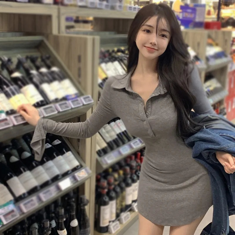 Womens Dress Korean Version Slim Sexy Casual Long Sleeved Buttocks Wrapped Dress 240819