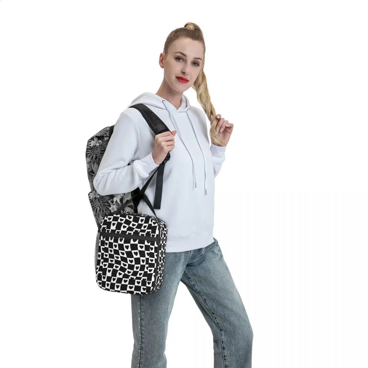 Lunch Bag Hearts Check Print Portable Lunch Box Black And White School Cooler Bag Retro Oxford Thermal Lunch Bags 240819
