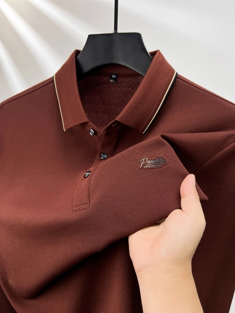 High end Men Ice Silk Without Trace POLO shirt Autumn Fashion Letter Print Long Sleeve T-shirt Business Leisure Men Wear 240820