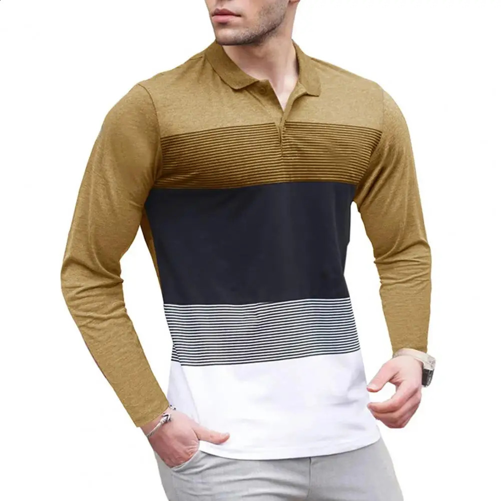 Men Top Mens Striped Print Pullover Shirt for Fitness Business Wear Long Sleeves Stretchy Fabric Mid Length Turn-down Collar 240820
