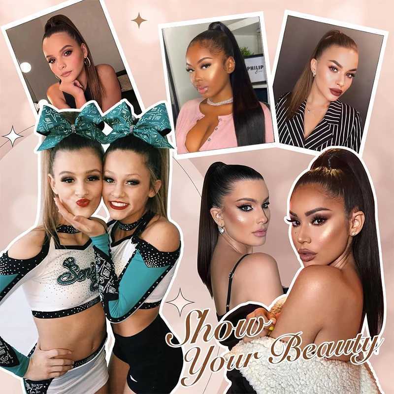Long and straight ponytail extensions wrapped around synthetic ponytails female hair extensions W240817