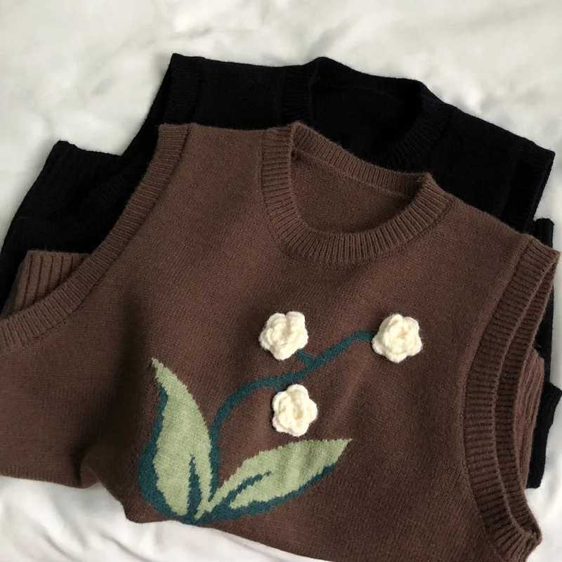 Girls Knitted Vest Spring and Autumn New Korean Version Sweet Flower Versatile Round Neck Kids Sleeveless Sweater CamisoleXJ240819
