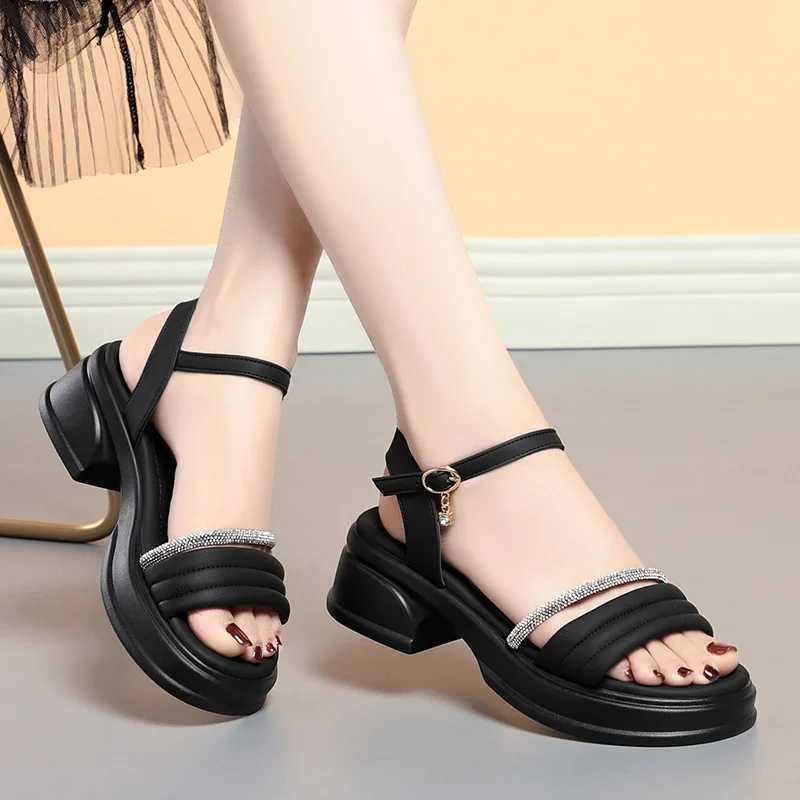 Comfortable Rhinestone Soft Leather Shoes Platform Sandals Summer 2024 Womens Med Square Heels Sandals For Office Mom Elegant CL240806