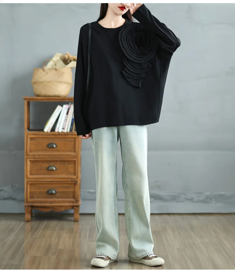 Womens solid color fashionable long sleeved Pullover autumn 3D loose casual retro sportswear 240819