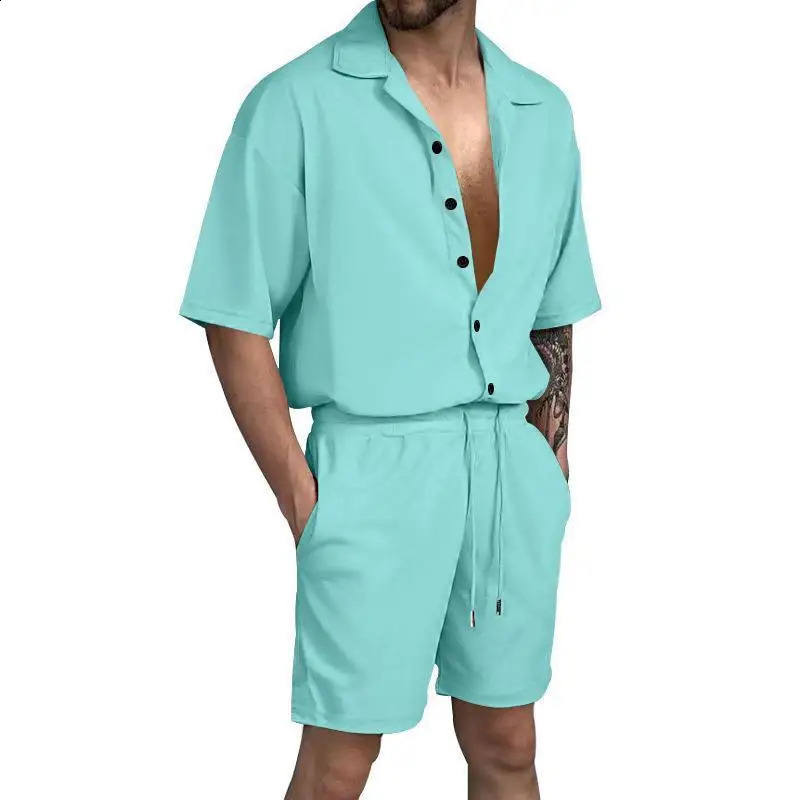 Fashion Mens Outfit Set Summer Beach Solid Short-sleeved Cardigan Shirt Shorts Suit Male Casual Suits Male Costumes Pour Hommes 240819