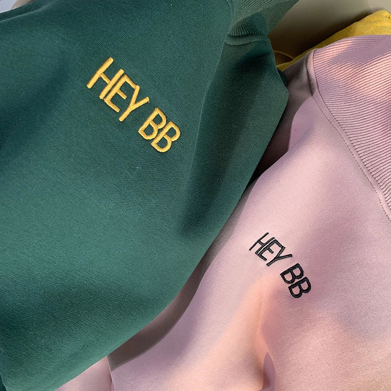 Womens Fleece Half High Collar Pullovers Letter Embroidery Simple Loose Sweatshirts Fall Winter Korean Style Chic T-Shirt 240819