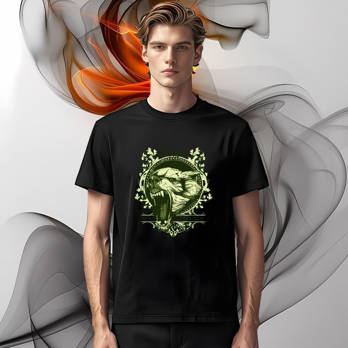 T Shirts Men 100% Cotton 230g lion Beach Round Neck Short Sleeve Anime Men Tshirts Classic Casual Cool Tops