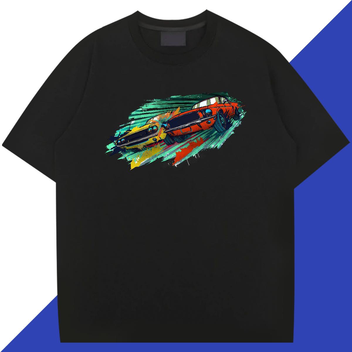 TOP Quality Men Clothes T-Shirt Casual Beach 230g Cotton Cartoon Print Crew Neck car Men T Shirts Fashion Casual Polos