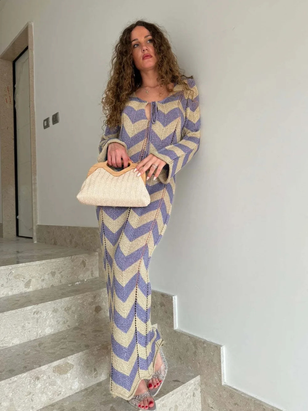 Elegant Striped Knit Maxi Dress Sexy Hollow Out Long Sleeve Holidays Beach Dress for Women Autumn Fashion Lace Up Party Dresses 240819