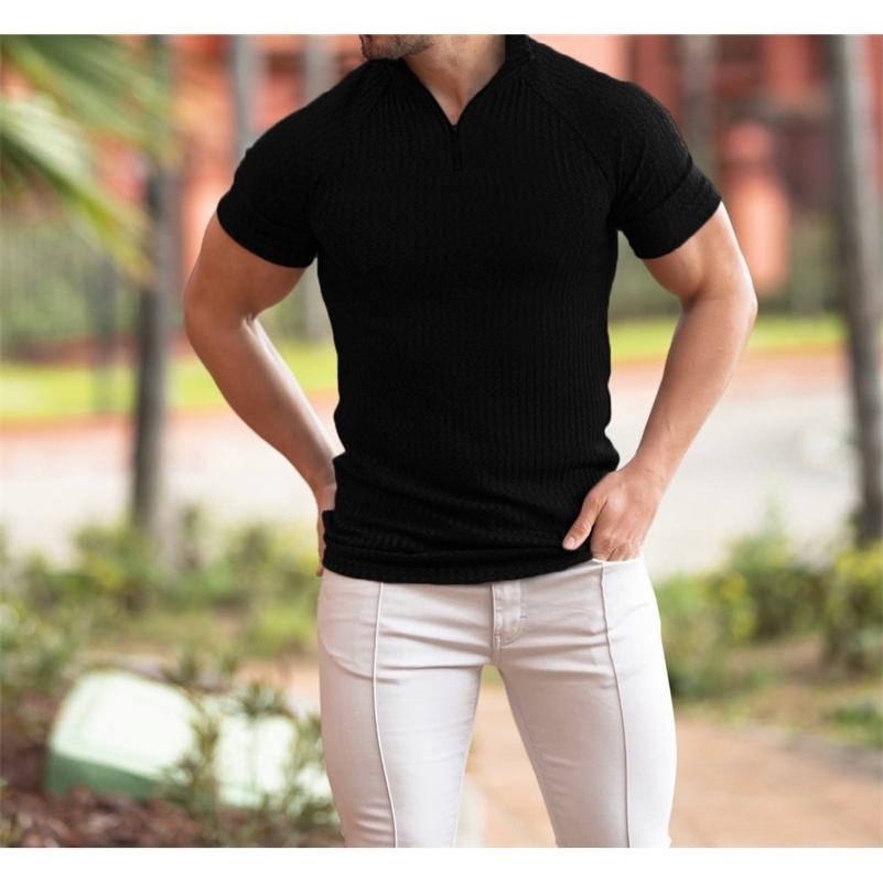 Mens Slim-fit Multi-color Zipper Standing Collar Polo Shirt Mens Casual Vertical Stripes Short Sleeve Youth Mens Wear 240819